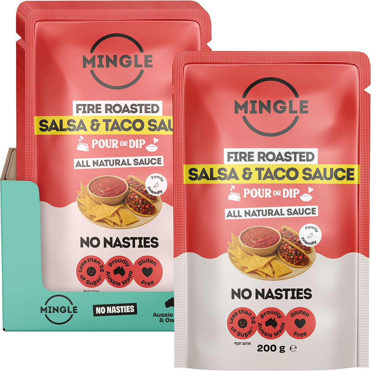 Mingle Salsa & Taco All Natural Sauce 200g glass bottle shown with a serving of tacos and fresh ingredients.