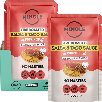 Mingle Salsa & Taco All Natural Sauce 200g glass bottle shown with a serving of tacos and fresh ingredients.