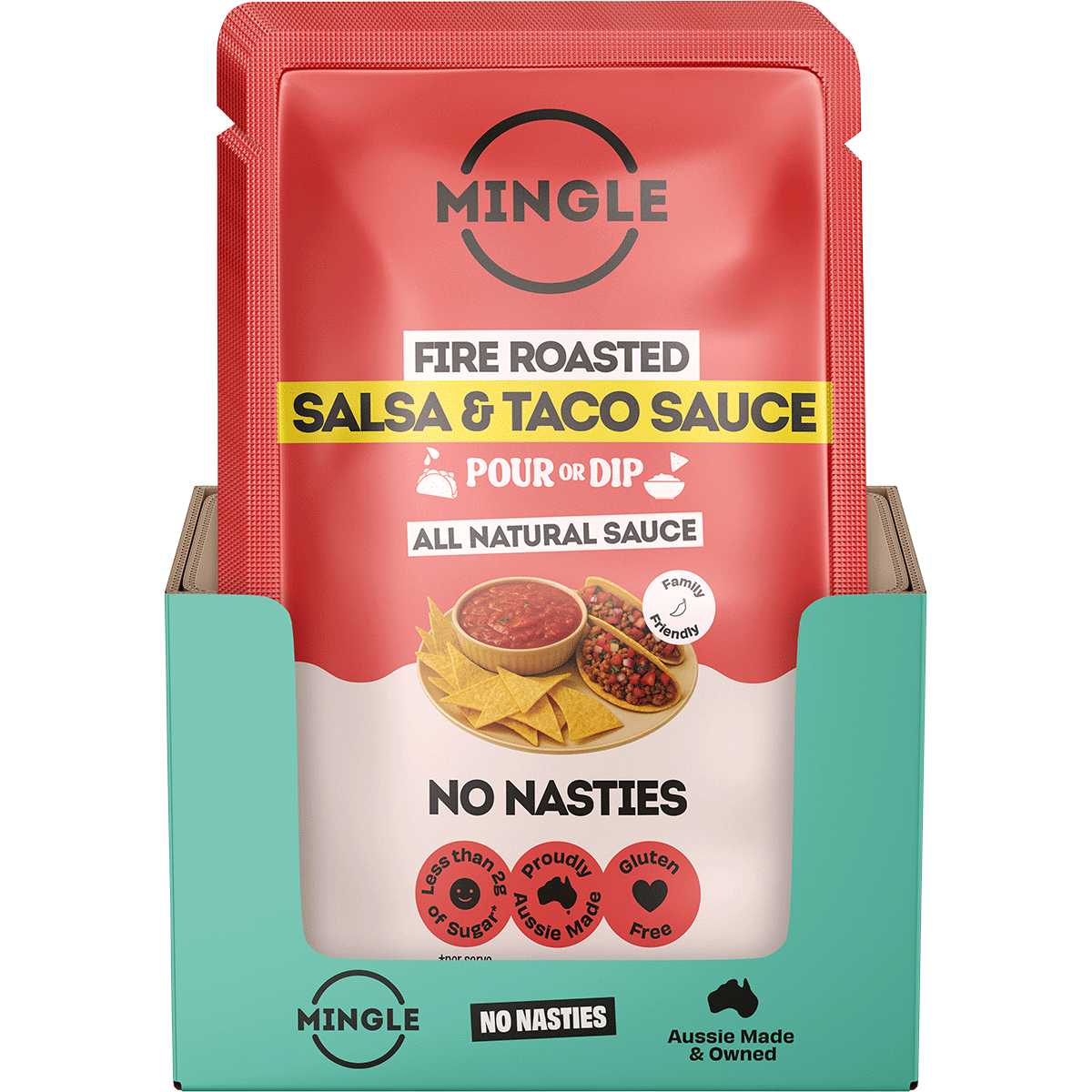 Mingle Salsa & Taco All Natural Sauce 200g glass bottles shown in a cardboard display box of 8.