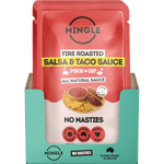 Mingle Salsa & Taco All Natural Sauce 200g glass bottles shown in a cardboard display box of 8.