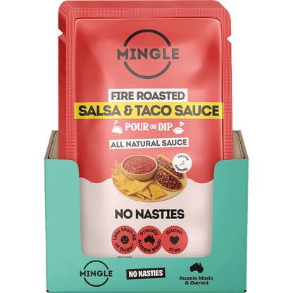 Mingle Salsa & Taco All Natural Sauce 200g glass bottles shown in a cardboard display box of 8.