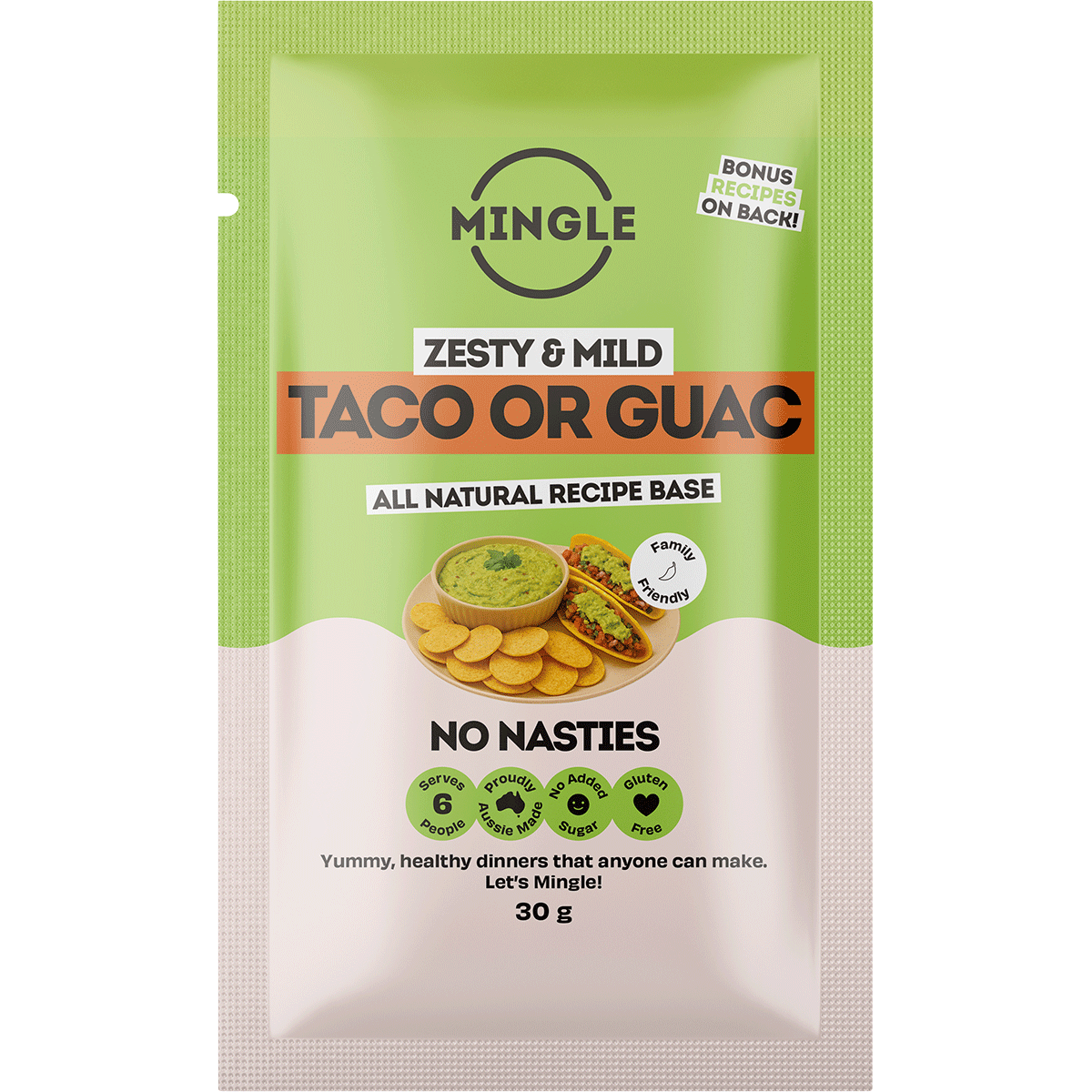 30g sachet of Mingle Taco Mexican Fiesta all-natural seasoning with botanical illustrations on a white background.