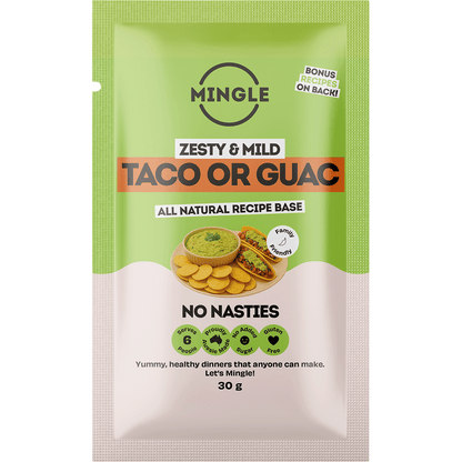 30g sachet of Mingle Taco Mexican Fiesta all-natural seasoning with botanical illustrations on a white background.