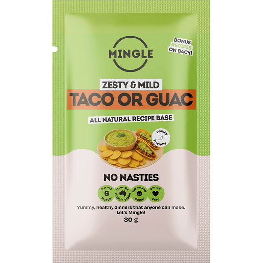 30g sachet of Mingle Taco Mexican Fiesta all-natural seasoning with botanical illustrations on a white background.