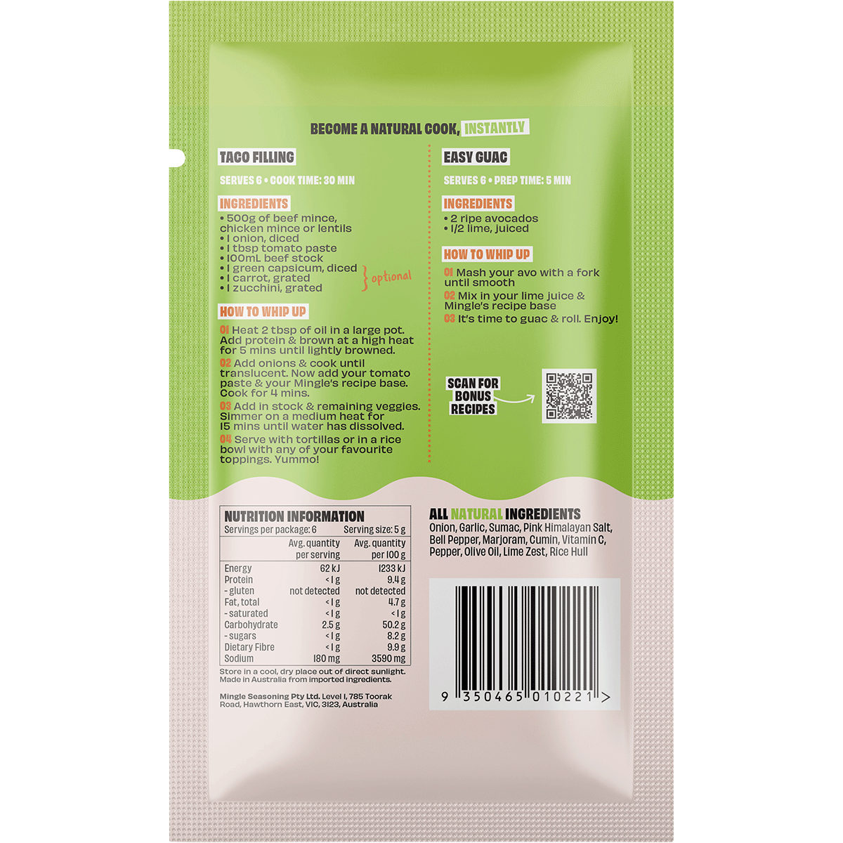 Back of a Mingle Taco or Guac sachet showing nutrition facts, ingredients, and preparation instructions.