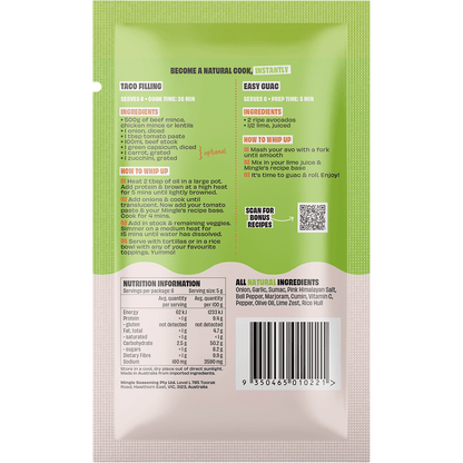 Back of a Mingle Taco or Guac sachet showing nutrition facts, ingredients, and preparation instructions.