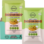 Mingle Taco or Guac seasoning sachet shown next to its display box of 12 on a white background.