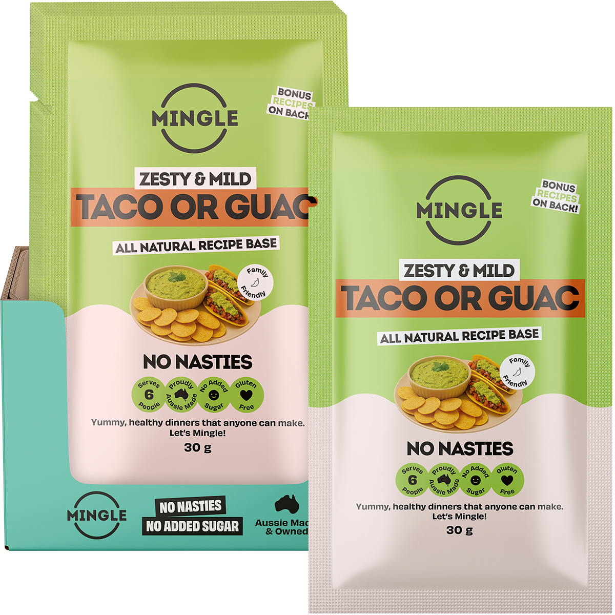 Mingle Taco or Guac seasoning sachet shown next to its display box of 12 on a white background.
