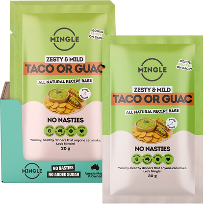 Mingle Taco or Guac seasoning sachet shown next to its display box of 12 on a white background.