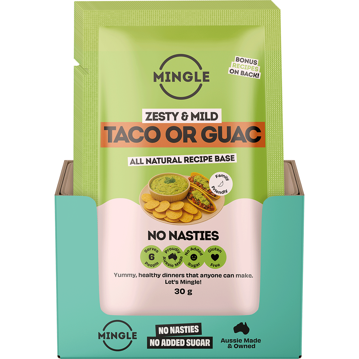 Retail display box of Mingle Taco Mexican Fiesta containing 12 individual 30g seasoning sachets on a white background.