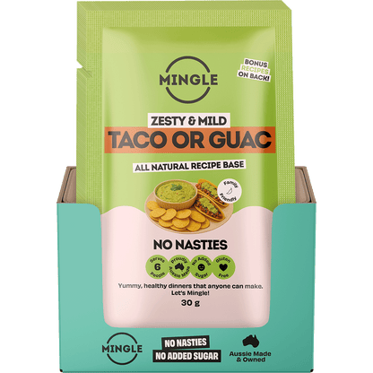 Retail display box of Mingle Taco Mexican Fiesta containing 12 individual 30g seasoning sachets on a white background.