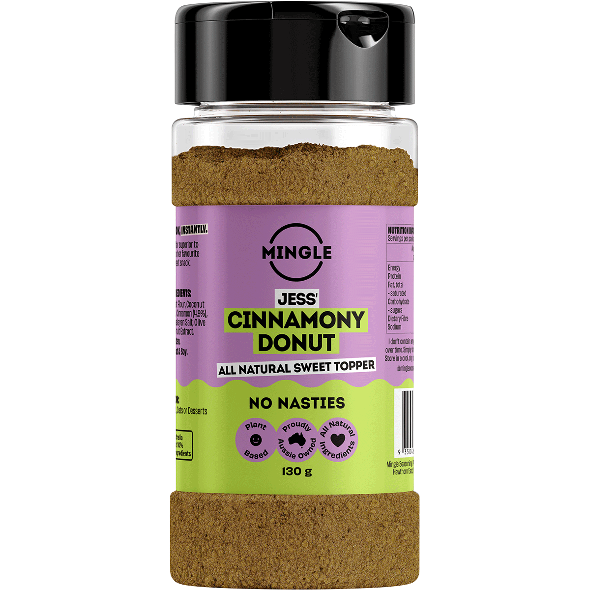 Mingle Jess' Cinnamony Donut 130g All Natural Sweet Topper shaker tub with a pink and white label.