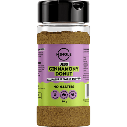 Mingle Jess' Cinnamony Donut 130g All Natural Sweet Topper shaker tub with a pink and white label.