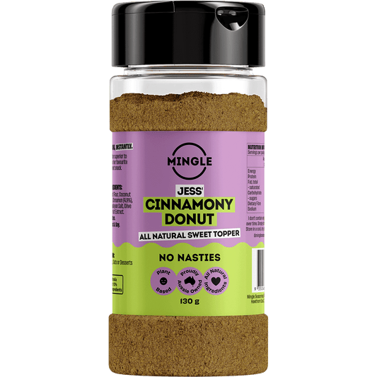 Mingle Jess' Cinnamony Donut 130g All Natural Sweet Topper shaker tub with a pink and white label.