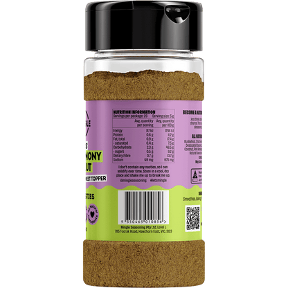Right side of Mingle Jess' Cinnamony Donut 130g shaker showing nutritional facts and a pink and white label.