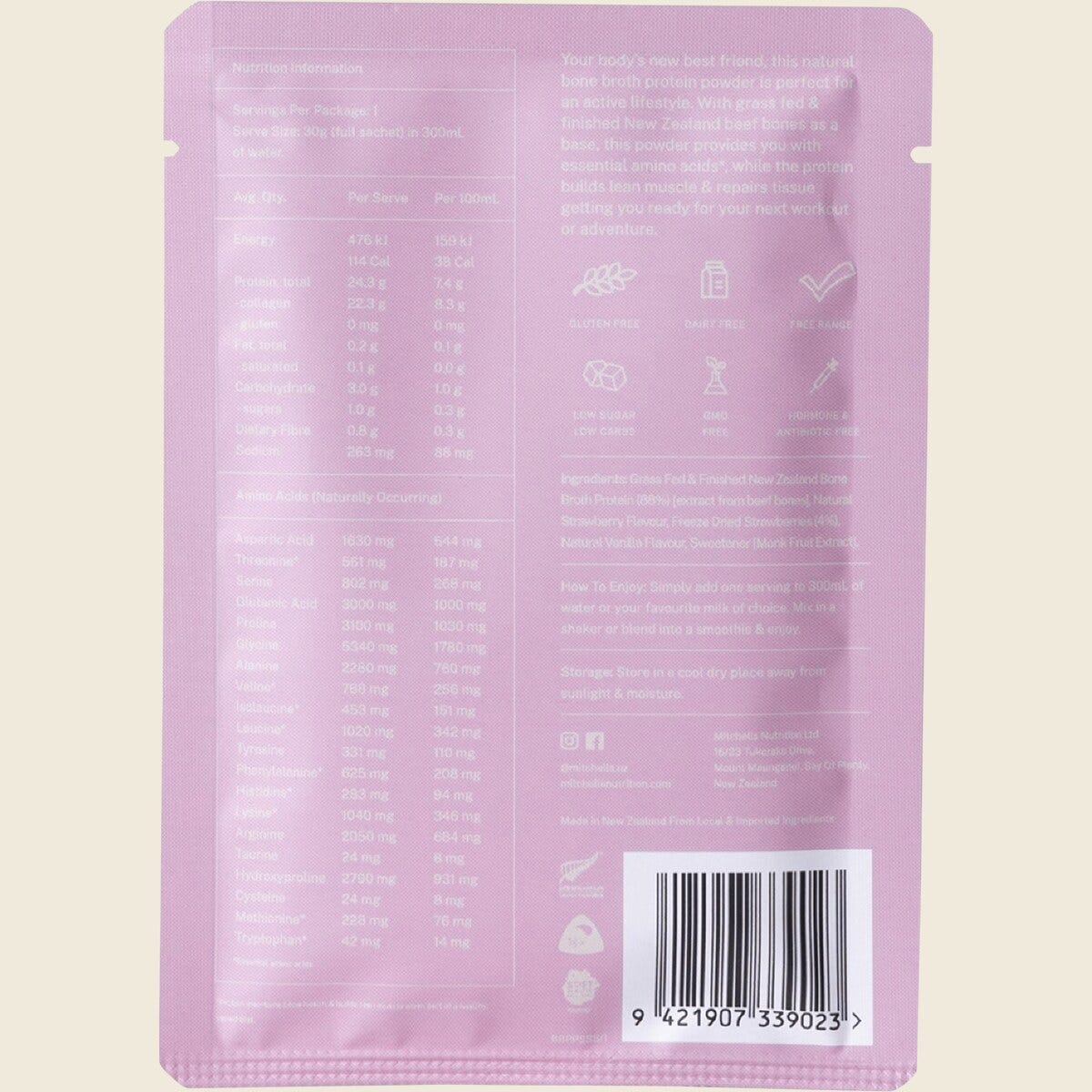 Mitchells Nutrition Bone Broth Protein Powder Real Strawberry 10x30g