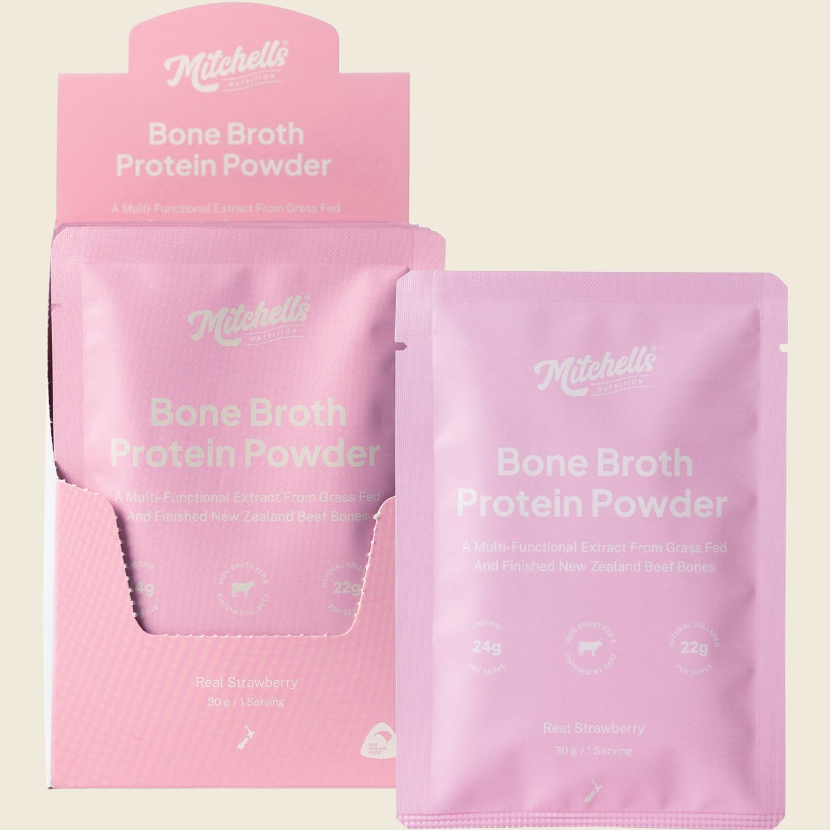 Mitchells Nutrition Bone Broth Protein Powder Real Strawberry 10x30g