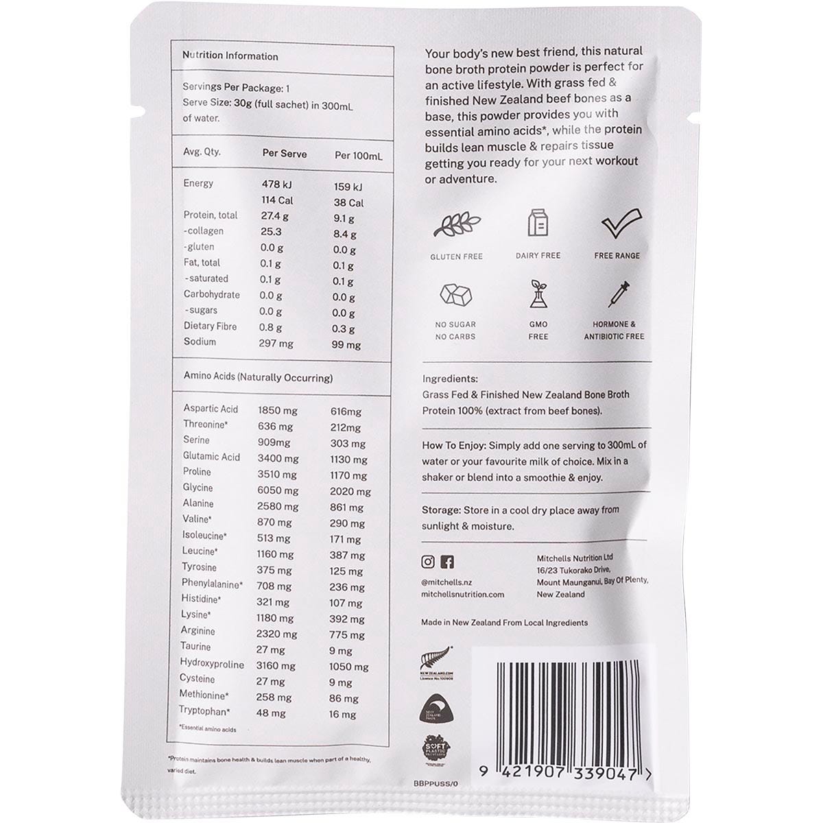 Mitchells Nutrition Bone Broth Protein Powder Unflavoured 10x30g