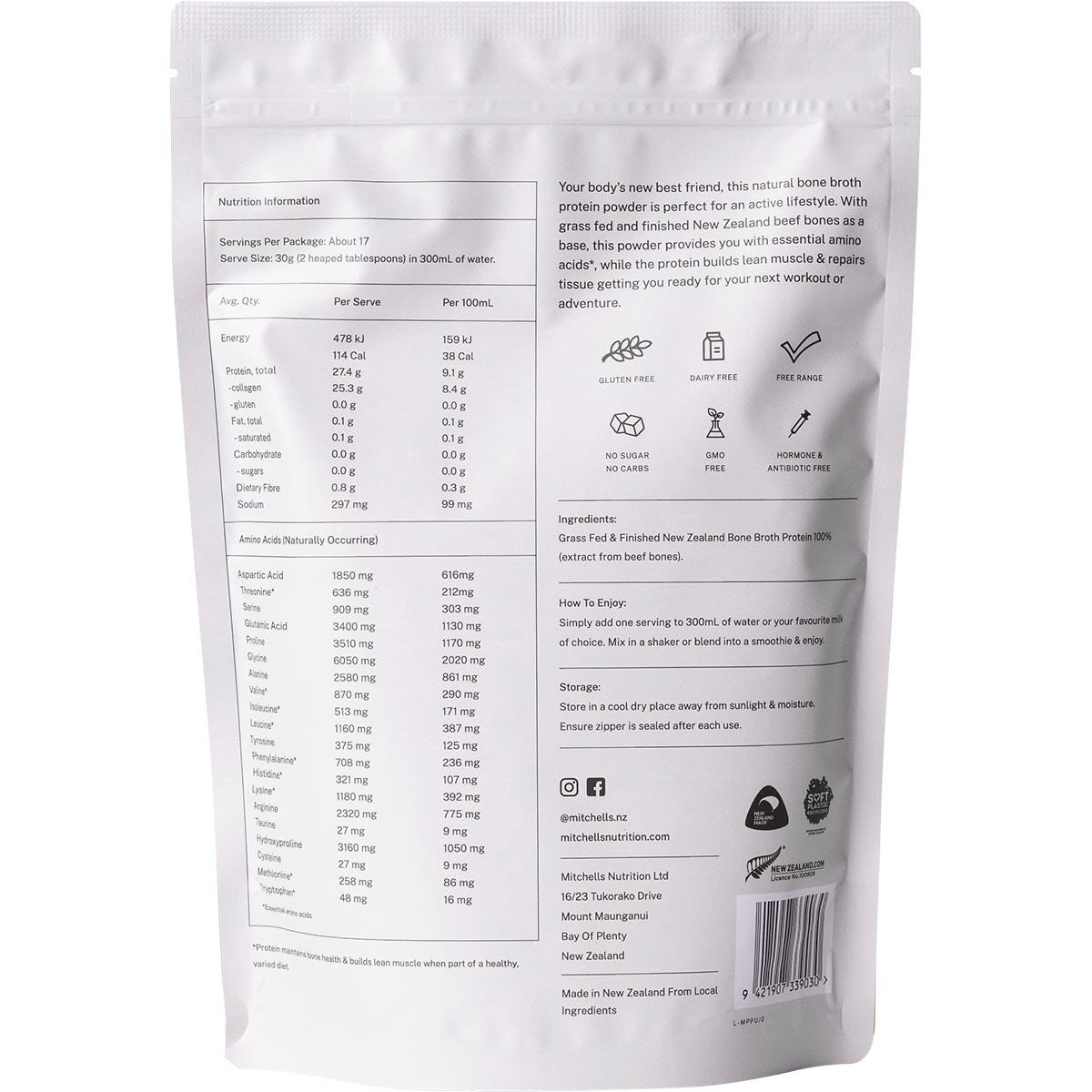 Mitchells Nutrition Bone Broth Protein Powder Unflavoured 500g