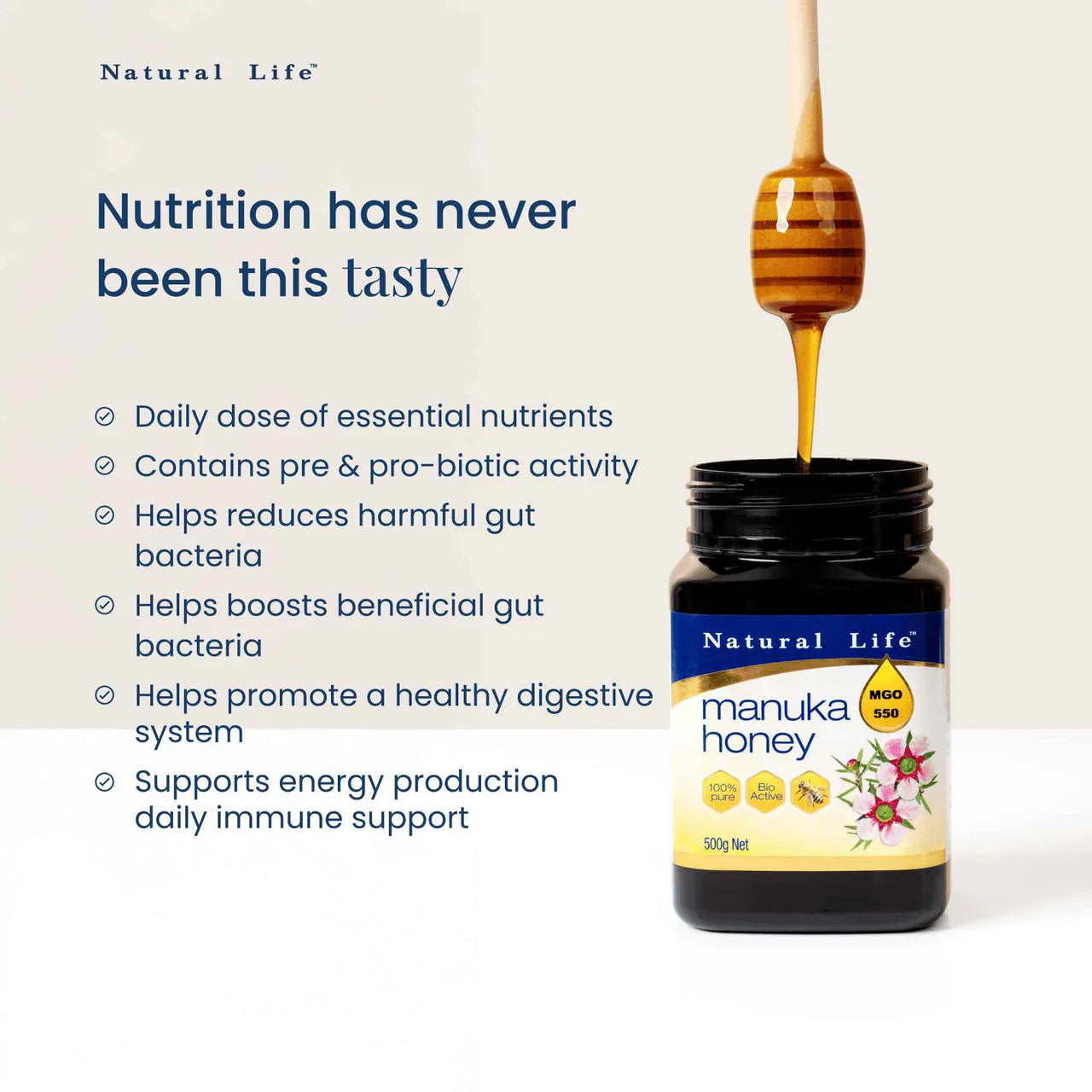 250g jar of Natural Life Manuka Honey MGO 550 on a white background with a gold and black label.