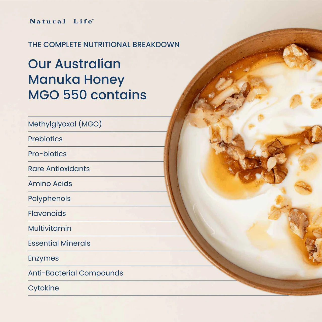 Back of 250g Natural Life Manuka Honey MGO 550 jar showing nutrition facts, ingredients, and storage instructions.