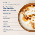 Side view of a Natural Life Manuka Honey MGO 800 jar featuring certification logos and product benefits.