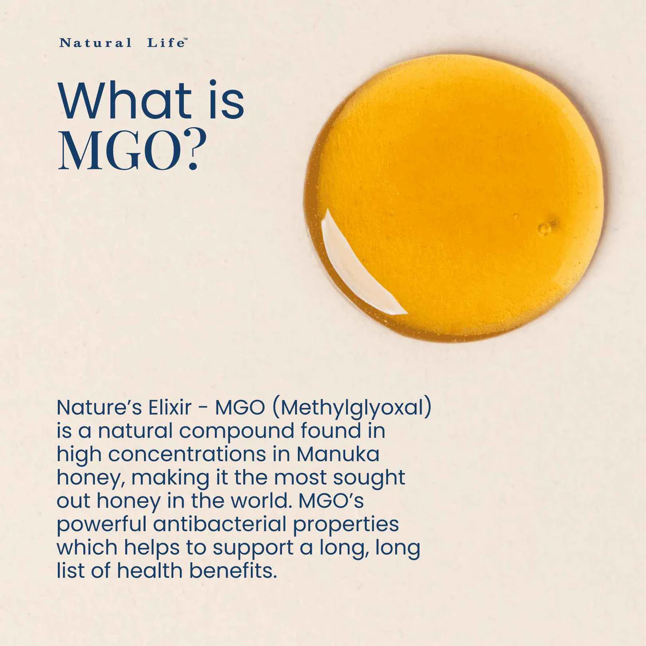 Lifestyle image of a Natural Life Manuka Honey MGO 800 jar next to a wooden honey dipper on a textured blue surface.