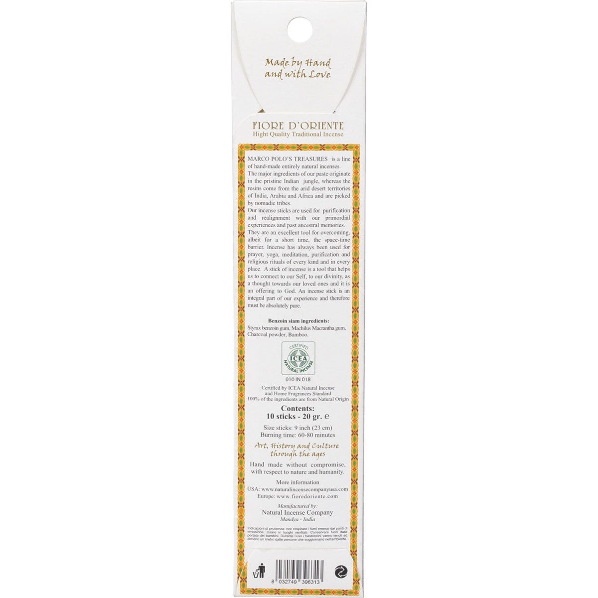 Yellow box of Marco Polo's Treasures Benzoin Siam incense sticks with botanical illustrations on a white background.