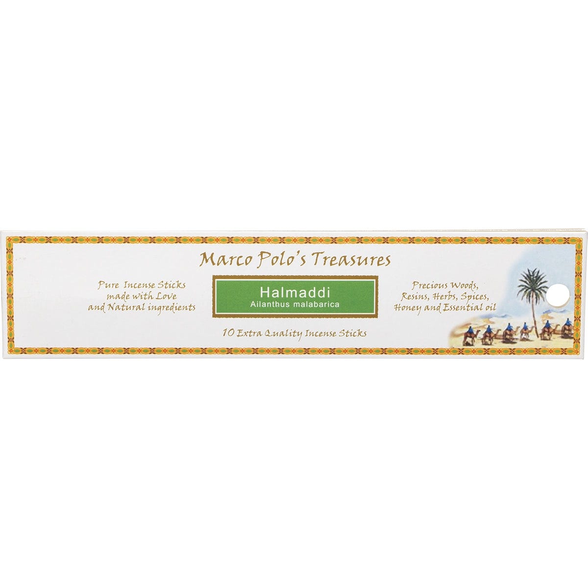 Marco Polo's Treasures Halmadi incense sticks 10-pack in a slim tan box with green accents and natural ingredients.