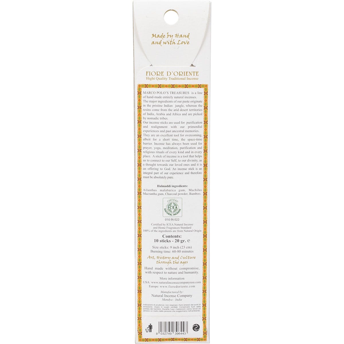Marco Polo's Treasures Halmadi incense 10-pack in a tan box with green design and EcoCert seal on a white background.