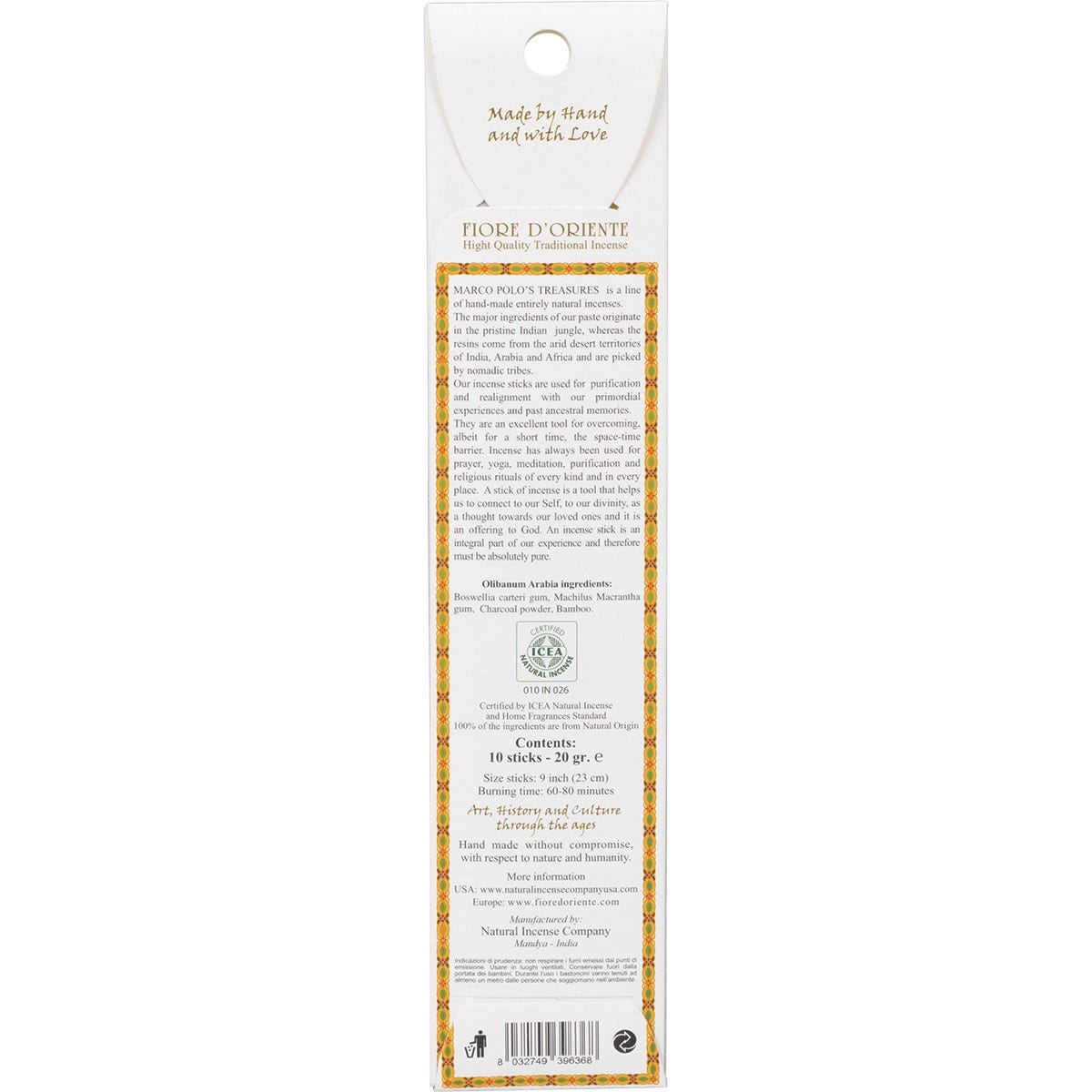 Orange and blue decorative box of Marco Polo's Treasures Olibanum Arabia 10-pack incense sticks on a white background.