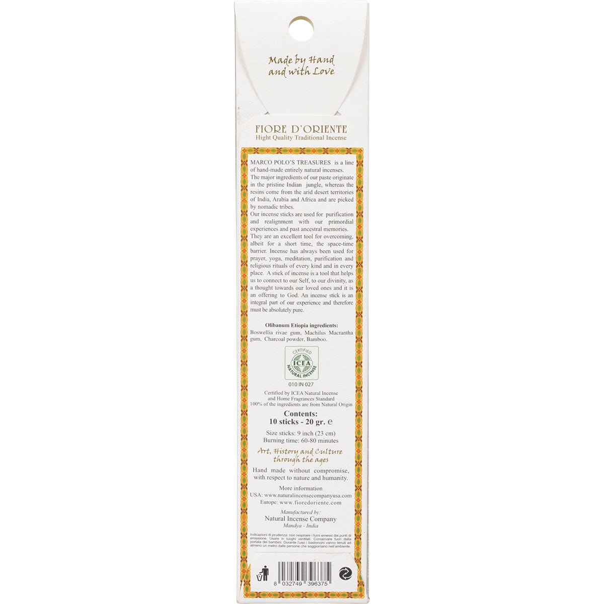 Marco Polo's Treasures Olibanum Etiopia incense sticks shown with their slim, botanical-themed packaging.