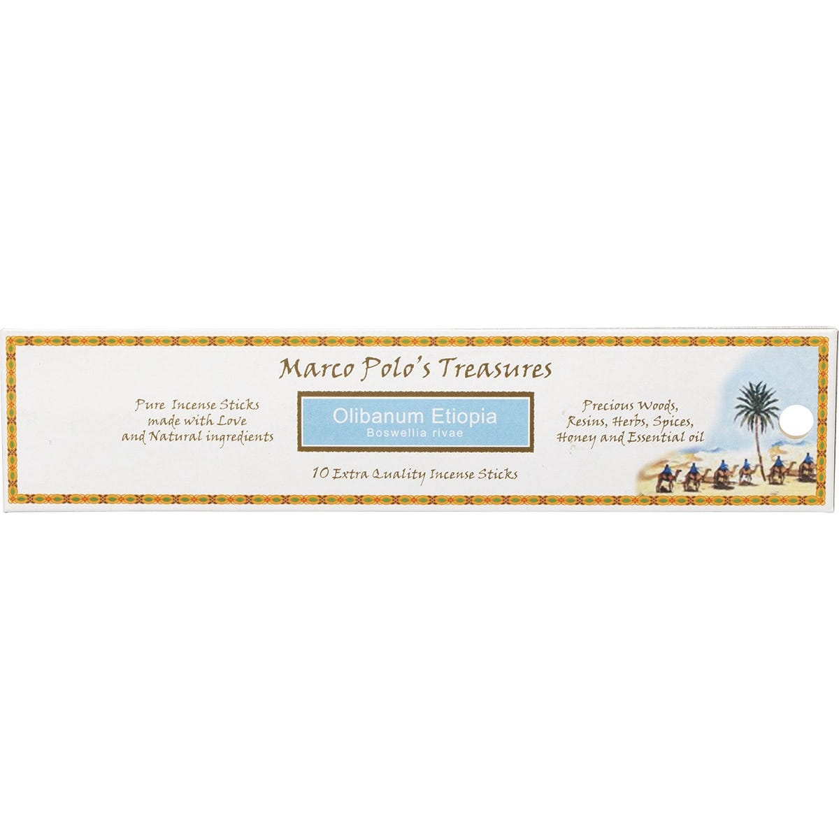 Marco Polo's Treasures Olibanum Etiopia incense 10-pack featuring a natural botanical design on a slim rectangular box.