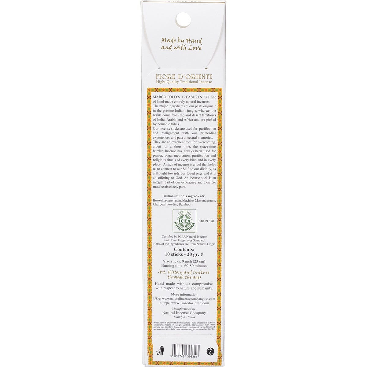 Marco Polo's Treasures Olibanum India incense 10-pack box featuring yellow and orange botanical designs.