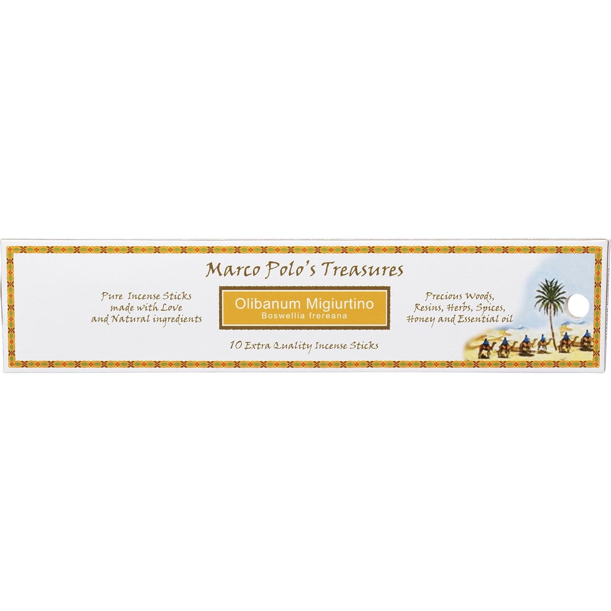 10-pack of Marco Polo's Treasures Olibanum Migiurtino incense sticks in a white and yellow box.