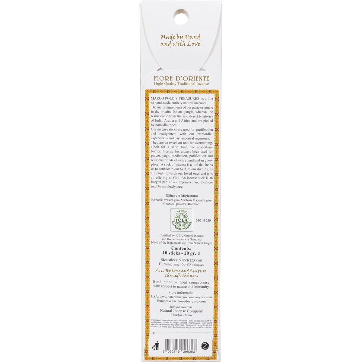Marco Polo's Treasures Olibanum Migiurtino incense box featuring 10 handmade sticks on a white background.