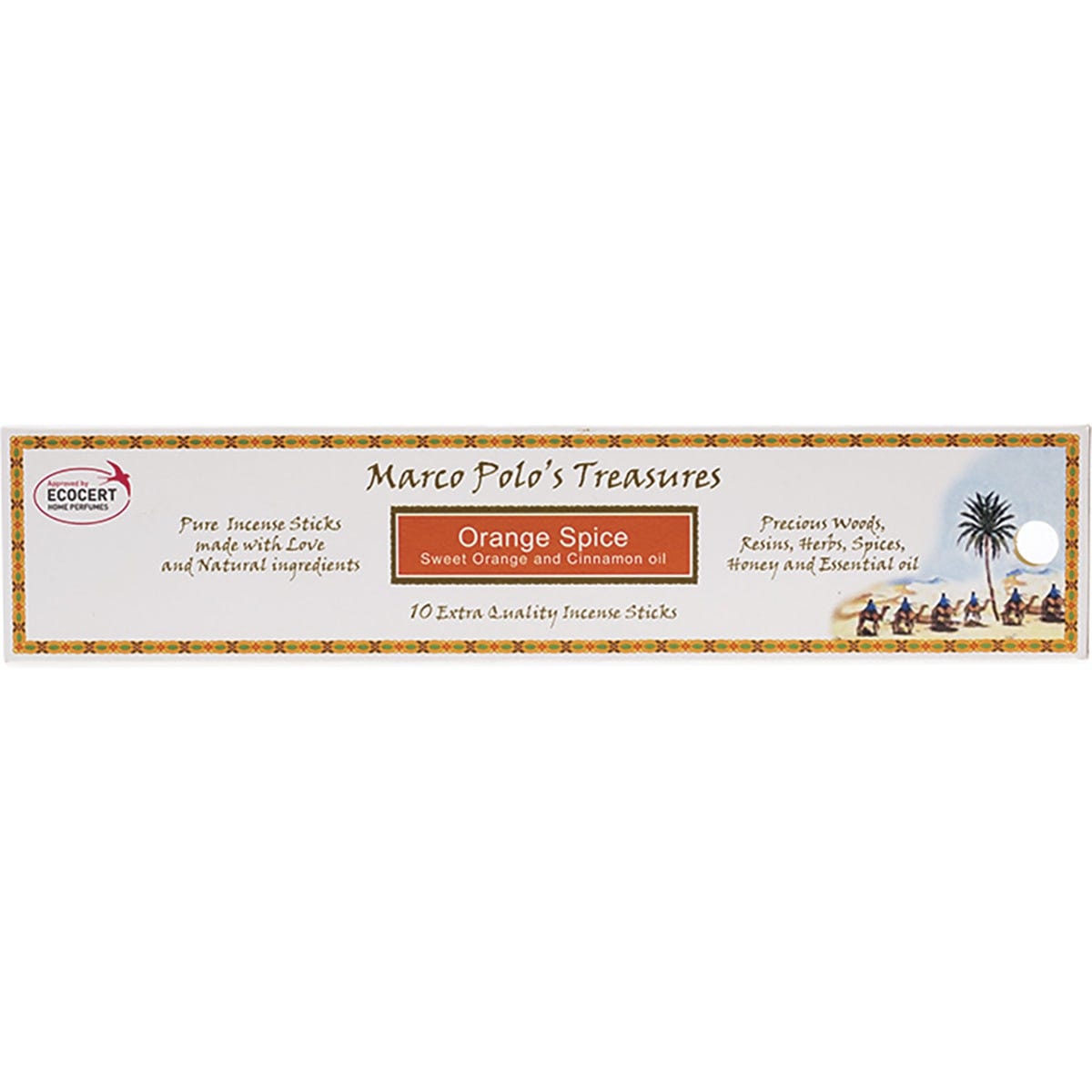 Marco Polo's Treasures Orange Spice incense sticks 10-pack in a decorative orange and brown box.
