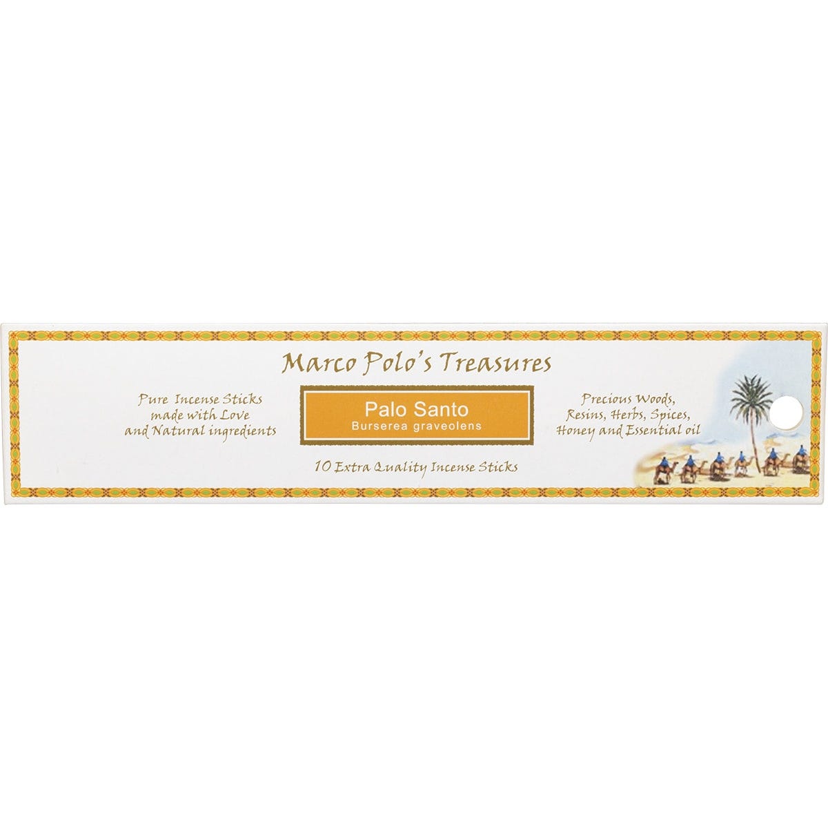 10-pack of Marco Polo's Treasures Palo Santo incense sticks in a yellow and blue box with natural wood illustrations.
