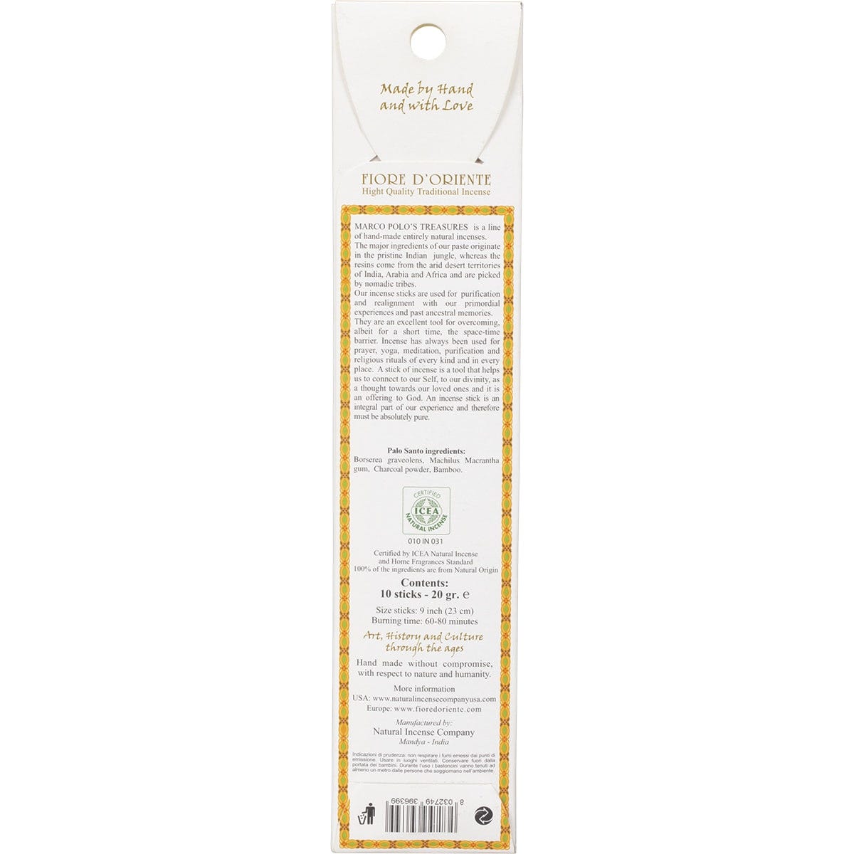 Marco Polo's Treasures Palo Santo incense box with 10 sticks and natural wood illustrations on a white background.