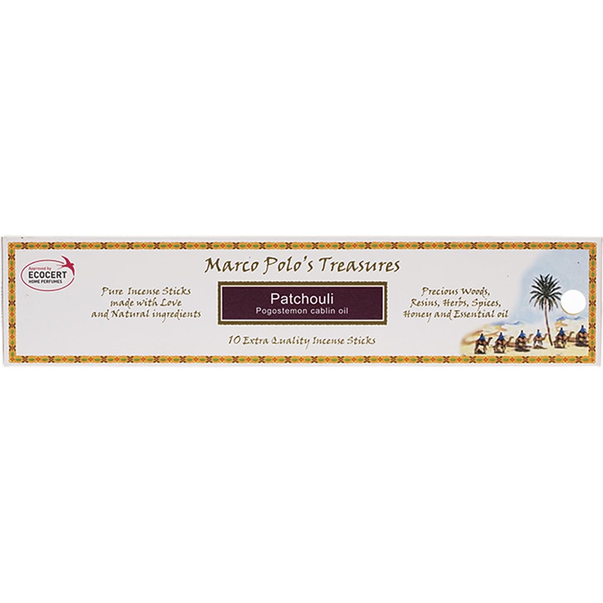 Pack of 10 Marco Polo's Treasures Patchouli incense sticks in a decorative slim box with a gold and brown design.