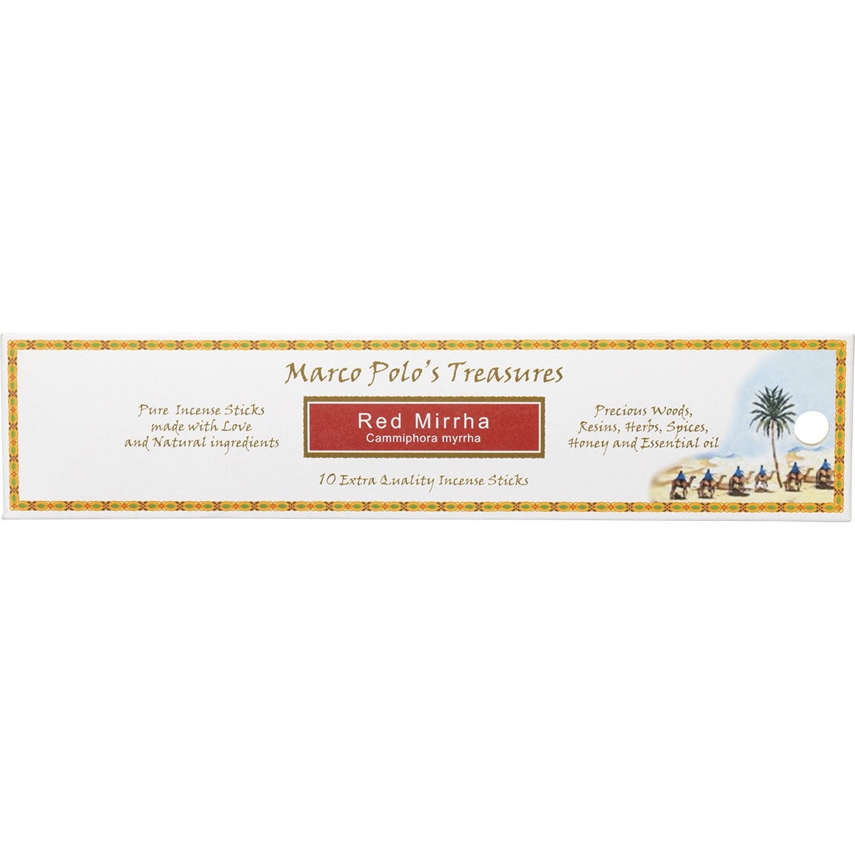 Marco Polo's Treasures Red Mirrha incense 10-pack featuring a dark red label with gold text and floral illustrations.