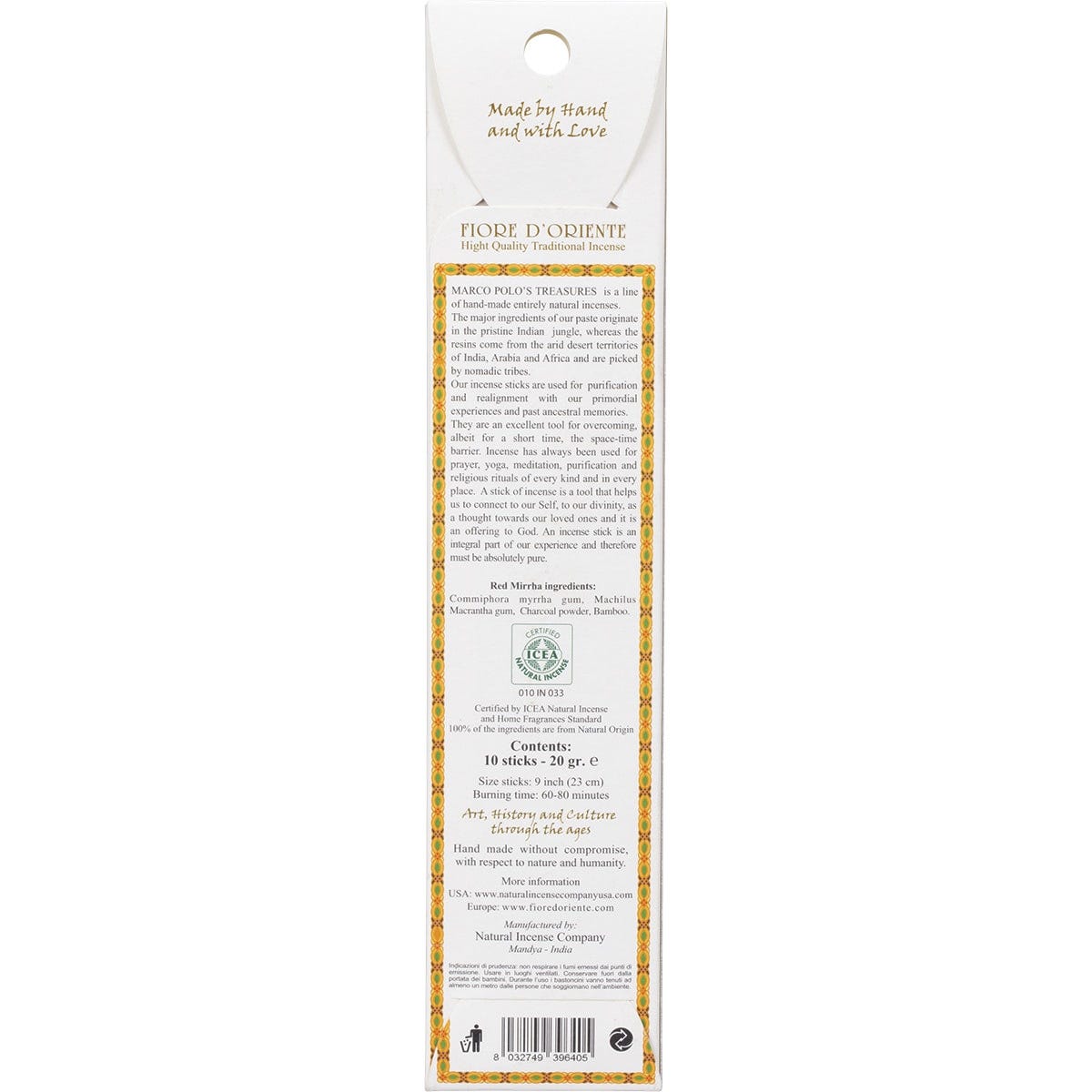 Marco Polo's Treasures Red Mirrha incense 10-pack box with a dark red and gold floral design.
