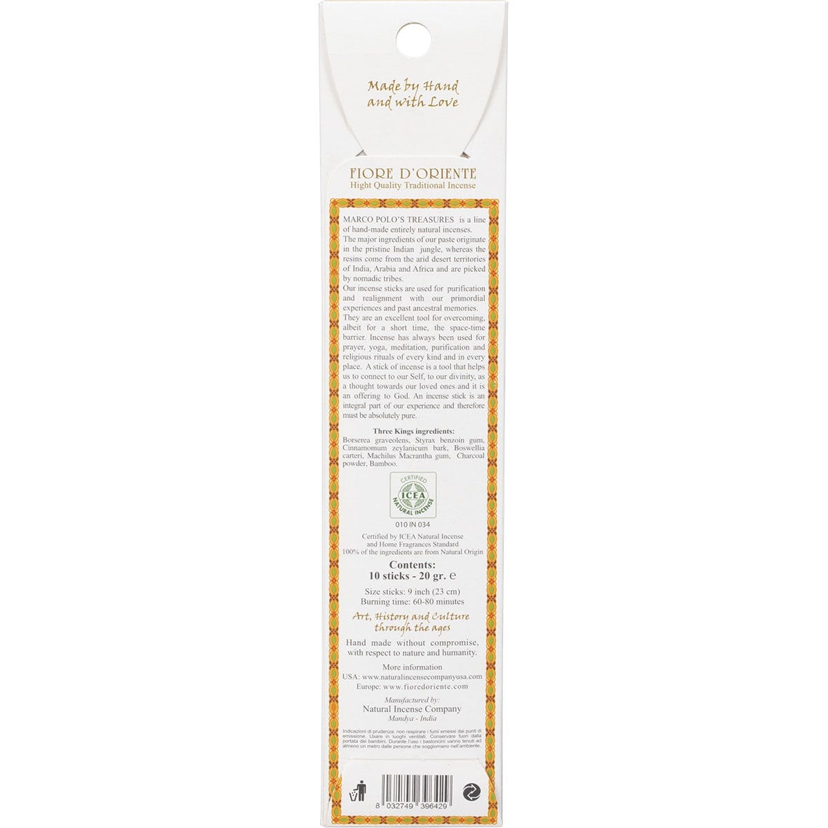 Marco Polo's Treasures Three Kings incense stick pack with botanical gold and red packaging.