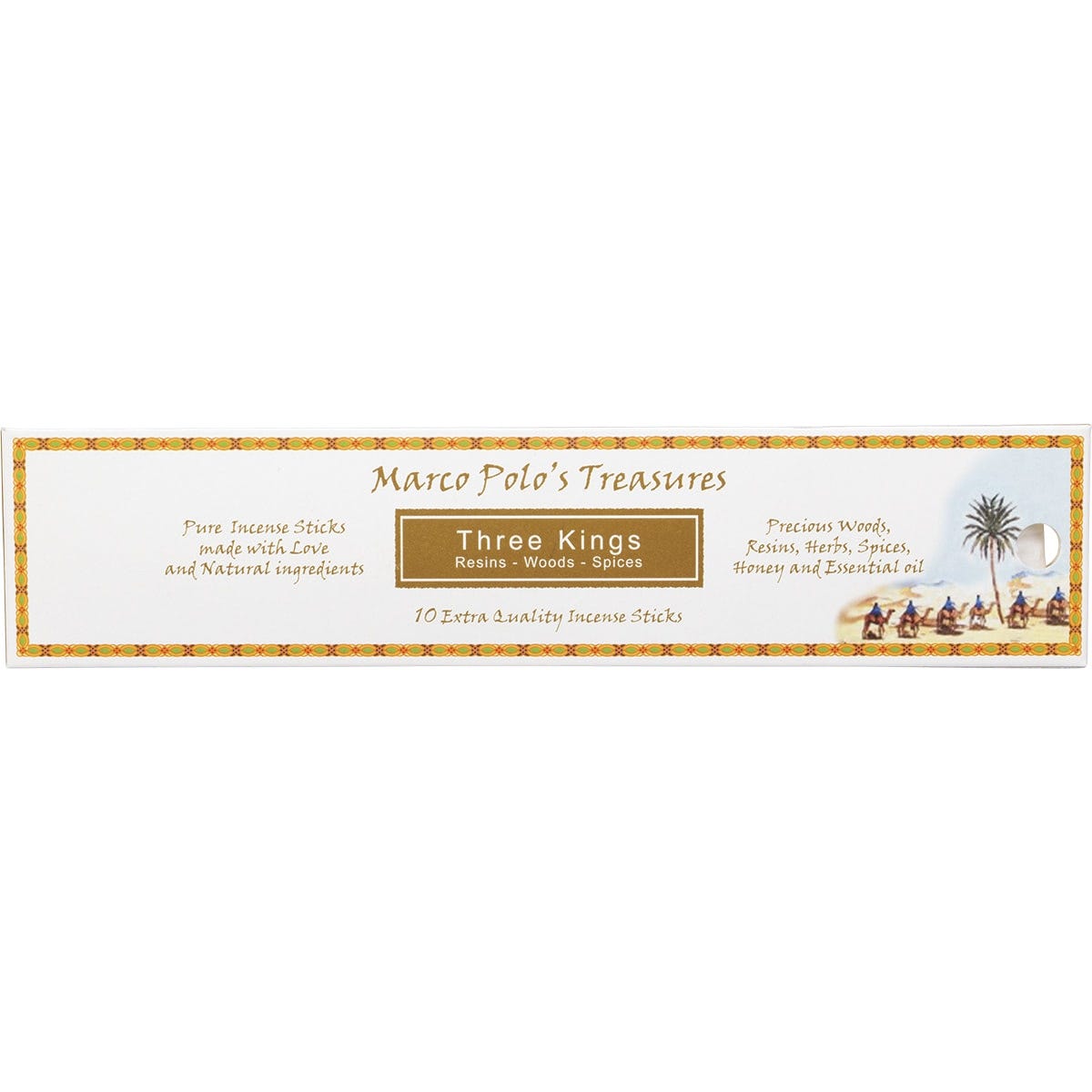 Marco Polo's Treasures Three Kings incense sticks 10 pack in a gold and red box with botanical illustrations.