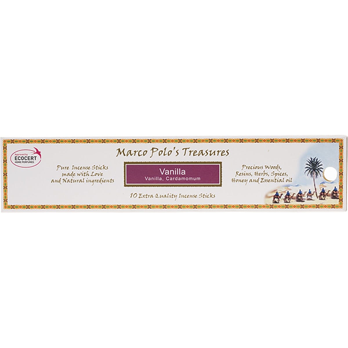 A 10-pack of Marco Polo's Treasures vanilla incense sticks in a cream and gold decorative box.