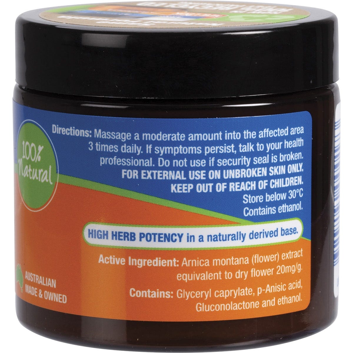 100g jar of Martin & Pleasance Arnica Herbal Cream with yellow flower illustrations on a white background.
