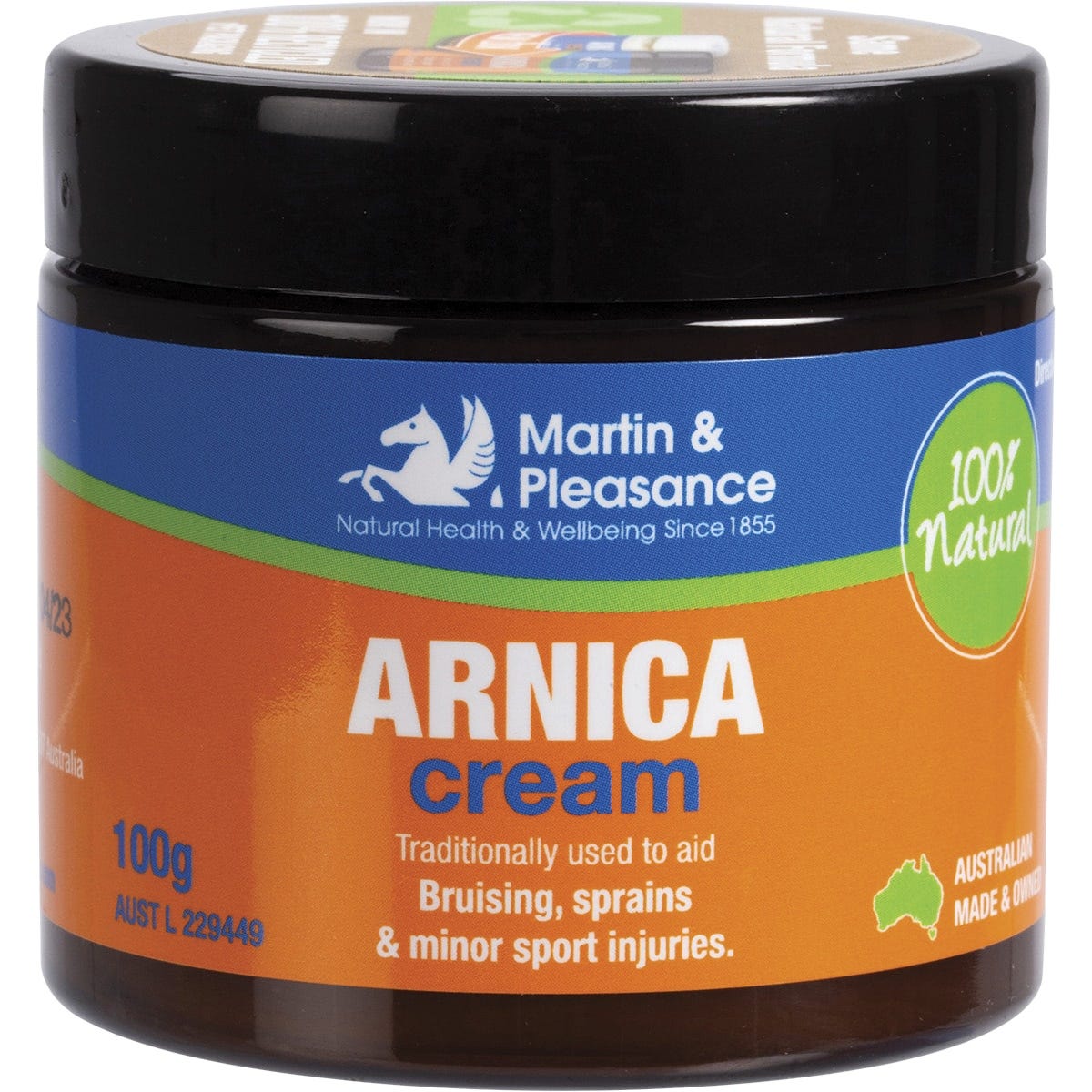 100g jar of Martin & Pleasance Arnica Herbal Cream for bruising and sprains, featuring yellow arnica flower illustrations.
