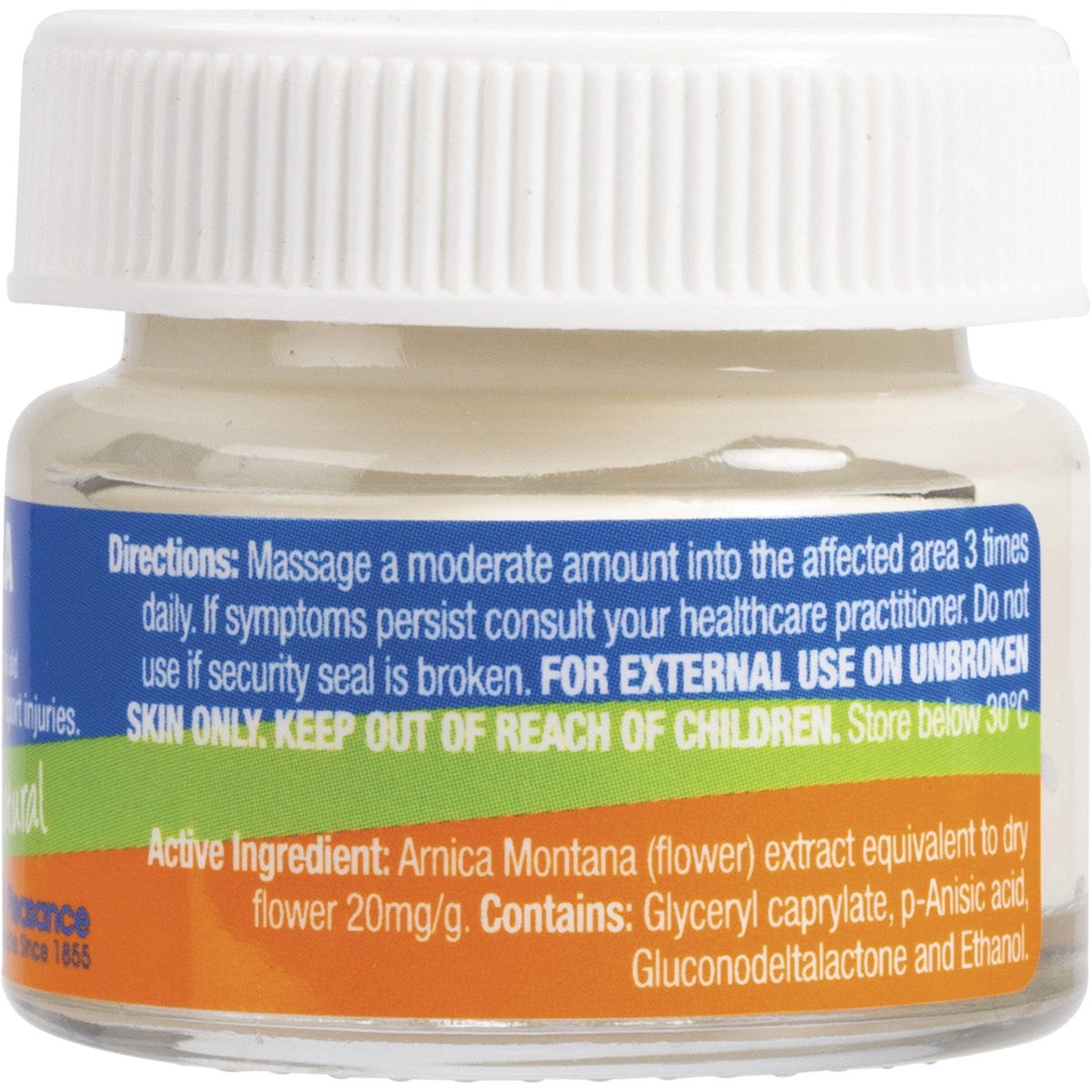 Side view of a 20g Martin & Pleasance Arnica Herbal Cream jar showing active ingredients and application directions.