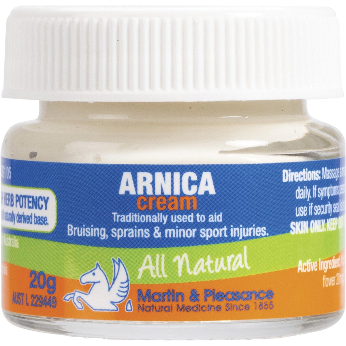 20g jar of Martin & Pleasance Arnica Herbal Cream for relief of bruising, sprains, and minor sports injuries.