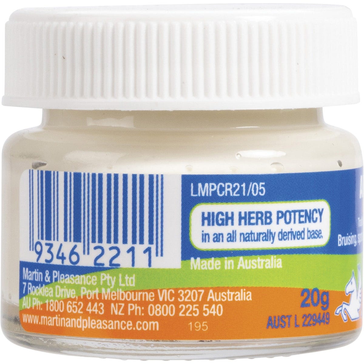 20g jar of Martin & Pleasance Arnica Herbal Cream with a white lid and label, featuring a blue and yellow design.